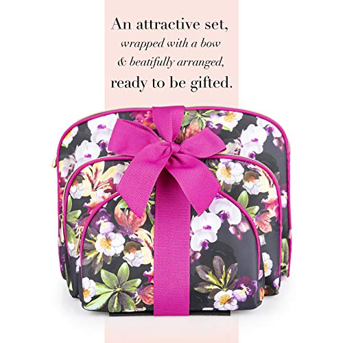 Once Upon A Rose 3 Pc Cosmetic Bag Set, Purse Size Makeup Bag for Women, Toiletry Travel Bag, Makeup Organizer, Cosmetic Bag for Girls Zippered Pouch Set, Large, Medium, Small (Hot Pink & Floral)