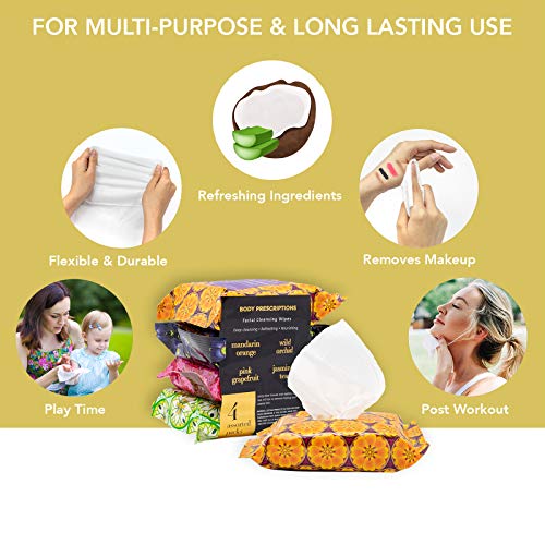 Body Prescriptions Makeup Remover Wipes Bulk, 4 Pack, 120 Facial Cleansing Cloths Removes Makeup, Mascara, Dirt and Oil (Pink Grapefruit, Mandarin Orange, Jasmine Tea and Wild Orchid)