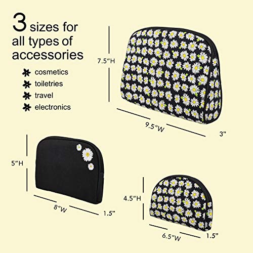 Once Upon A Rose 3 Piece Cosmetic Bag Set, Purse Size Makeup Bag for Women, Toiletry Travel Bag, Makeup Organizer, Cosmetic Bag for Girls Zippered Pouch Set, Large, Medium, Small (Daisy Black)