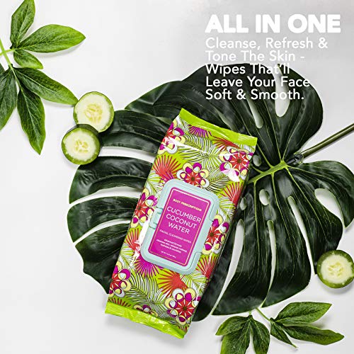 Body Prescriptions Cucumber Coconut Water Face Wipes & Makeup Remover Wipes - 2 Pack (60 Count Each) of Gentle Facial Cleansing Wipes Flip Top Pack