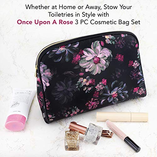 Once Upon A Rose 3 Pc Cosmetic Bag Set, Purse Size Makeup Bag for Women, Toiletry Travel Bag, Makeup Organizer, Cosmetic Bag for Girls Zippered Pouch Set, Large, Medium, Small (Pink Floral Design)