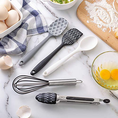 Cook With Color Set of Five MINI Kitchen Utensil Set - Silicone Kitchen Tools, Whisk, Tong, Spatula, Spoonula and Spoon (Black and White Collection)