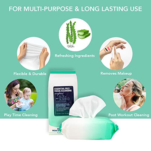 Essential Oils - 2 Pack (60 Count Each) Aloe and Seaweed Facial Cleansing Wipes