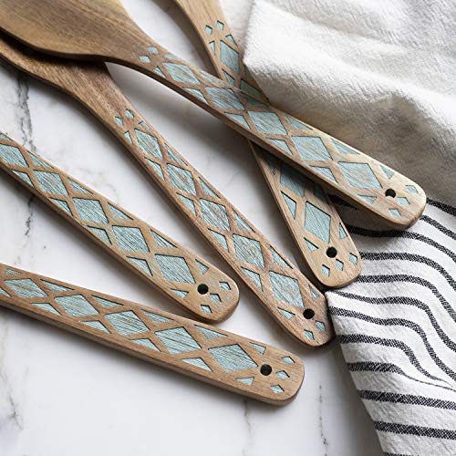 Country Kitchen 5 Piece Nonstick Utensil Set Acacia Wooden Kitchen Tools for Serving and Healthy Cooking with Black Inlay Design