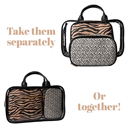 Nicole Miller Makeup Bag, Travel Toiletry Case, and 3 Piece Cosmetic Bag Set- Soft Train Bag with Smaller Makeup Organizer Bags (Animal Print)