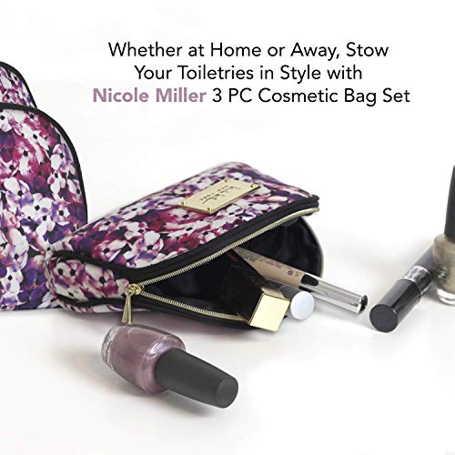Nicole Miller 3 Pc Cosmetic Bag Set, Purse Size Makeup Bag for Women, Toiletry Travel Bag, Makeup Organizer, Cosmetic Bag for Girls Zippered Pouch Set, Large, Medium, Small (Colorful Floral Print)