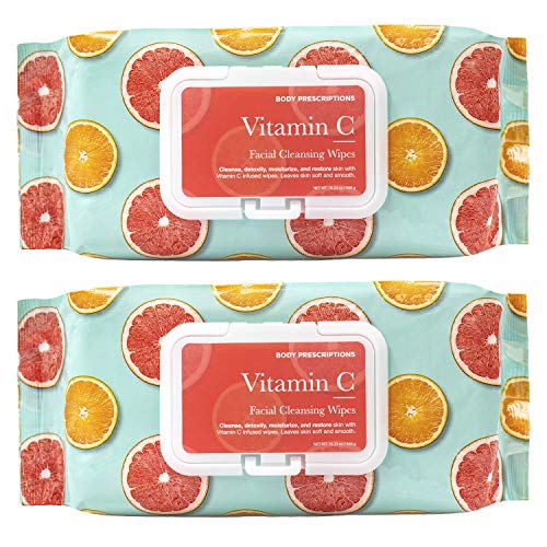 Body Prescriptions Vitamin C and Aloe Face Wipes & Makeup Remover Wipes - 2 Pack (60 Count Each) of Gentle Facial Cleansing Wipes Flip Top Pack, Citrus Scented