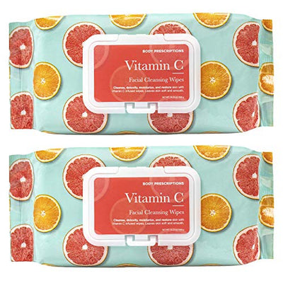 Body Prescriptions Vitamin C and Aloe Face Wipes & Makeup Remover Wipes - 2 Pack (60 Count Each) of Gentle Facial Cleansing Wipes Flip Top Pack, Citrus Scented