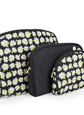 Once Upon A Rose 3 Piece Cosmetic Bag Set, Purse Size Makeup Bag for Women, Toiletry Travel Bag, Makeup Organizer, Cosmetic Bag for Girls Zippered Pouch Set, Large, Medium, Small (Daisy Black)