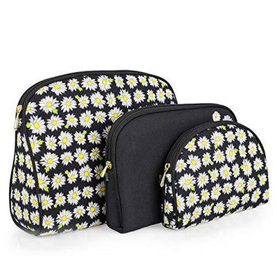 Once Upon A Rose 3 Piece Cosmetic Bag Set, Purse Size Makeup Bag for Women, Toiletry Travel Bag, Makeup Organizer, Cosmetic Bag for Girls Zippered Pouch Set, Large, Medium, Small (Daisy Black)