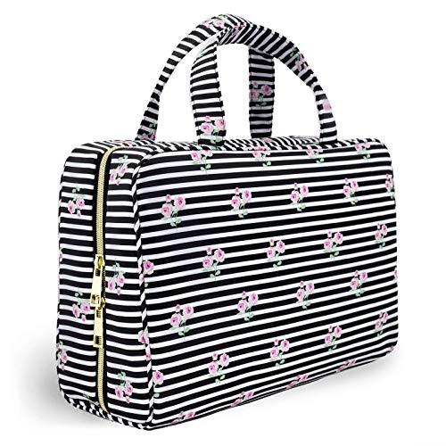 Once Upon A Rose Makeup Bag for Women and Girls, Large Cosmetic Bag with Zippered, Transparent Pockets and Handles, Foldable Makeup Bag for Home and Travel - Roses & Stripes Print