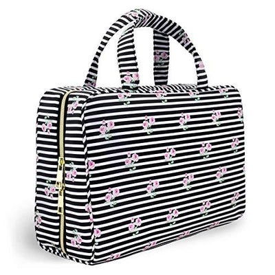 Once Upon A Rose Makeup Bag for Women and Girls, Large Cosmetic Bag with Zippered, Transparent Pockets and Handles, Foldable Makeup Bag for Home and Travel - Roses & Stripes Print