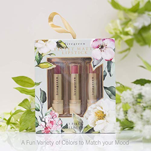 Live Green Lipstick Collection- 3 Piece Gift Set, Flower Embossed Pink Shades, Velvet Matte Lipstick, for Women and Girls