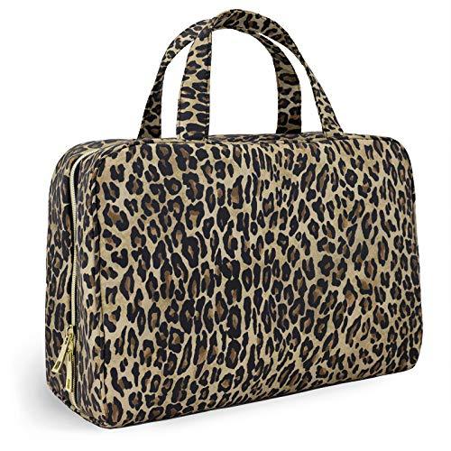 Once Upon A Rose Makeup Bag for Women and Girls, Large Cosmetic Bag with Zippered, Transparent Pockets and Handles, Foldable Makeup Bag for Home and Travel - Leopard Print
