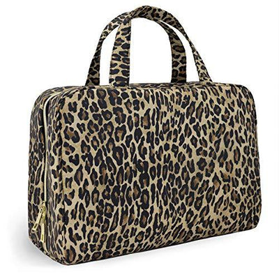 Once Upon A Rose Makeup Bag for Women and Girls, Large Cosmetic Bag with Zippered, Transparent Pockets and Handles, Foldable Makeup Bag for Home and Travel - Leopard Print
