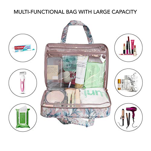 Ellen Tracy Makeup Bag, Travel and Toiletry Bag, Large Cosmetic Bag with Zippered, Transparent Pockets and Handles, Foldable Makeup Bag for Home and Travel (Pale Pink & Green Flower Print)