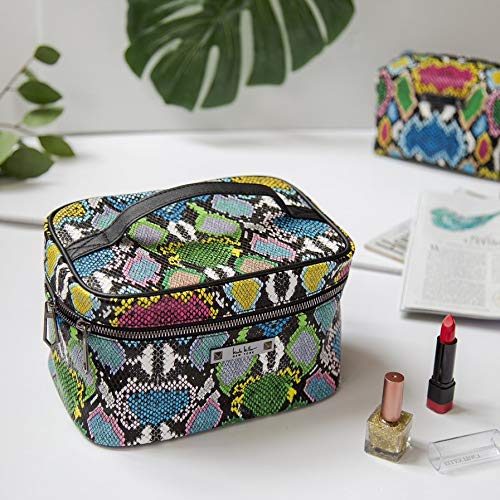 Nicole Miller Makeup Bag, Travel Toiletry Bag, and Cosmetic Bag- Multicolor Faux Leather Snakeskin Print (Large Train Bag)