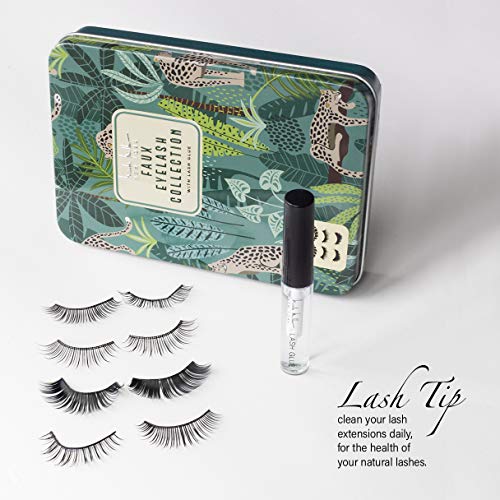 Nicole Miller Faux Eyelash Collection with Lash Glue in Tin Case, Set of Four False Lashes (Printed Floral Tin)