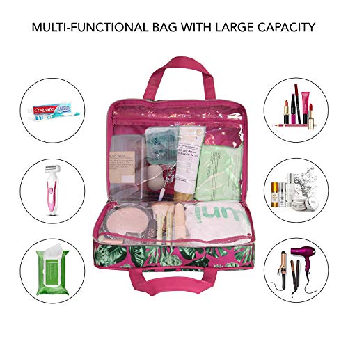 Nicole Miller Makeup Bag, Travel and Toiletry Bag, Large Cosmetic Bag with Zippered, Transparent Pockets and Handles, Foldable Makeup Bag for Home and Travel (Hot Pink & Green Leaf Print)