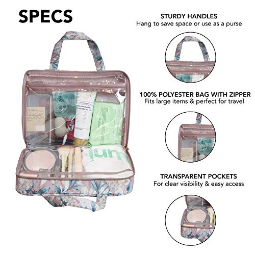 Ellen Tracy Makeup Bag, Travel and Toiletry Bag, Large Cosmetic Bag with Zippered, Transparent Pockets and Handles, Foldable Makeup Bag for Home and Travel (Pale Pink & Green Flower Print)