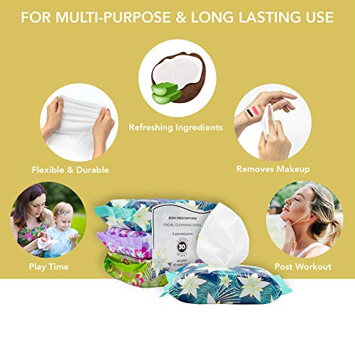Body Prescriptions Makeup Remover Wipes Bulk, 3 Pack, 90 Facial Cleansing Cloths Removes Makeup, Mascara, Dirt and Oil (Cucumber Coconut Water, Vanilla Coconut Oil, French Lavender)