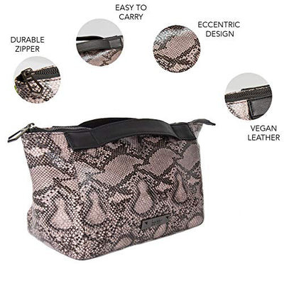 Nicole Miller Makeup Bag, Travel Toiletry Bag, and Cosmetic Bag- Pink Faux Leather Snakeskin Print (Small Clutch Bag)