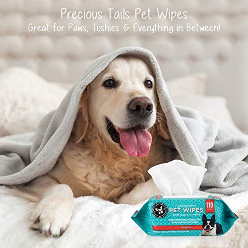 Precious Tails Pet Wipes (110 Count) -Soothing Deodorizing Dog Grooming Wipes with Aloe Vera and Vitamin E - Papaya Scent