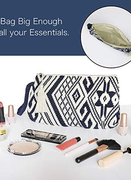DwellStudio Vegan Clutch for Women -Boho Style Clutch, Wristlet, Purse, Woman's Hand Bag, Wallet, Beautiful Gift for Women (Navy and White)