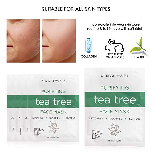 Clinical Works Pack of 5 Tea Tree DYI Spa Face Kit, Beauty Sheets, Hydrating Sheets for Moisturizing and Hydrating Skin