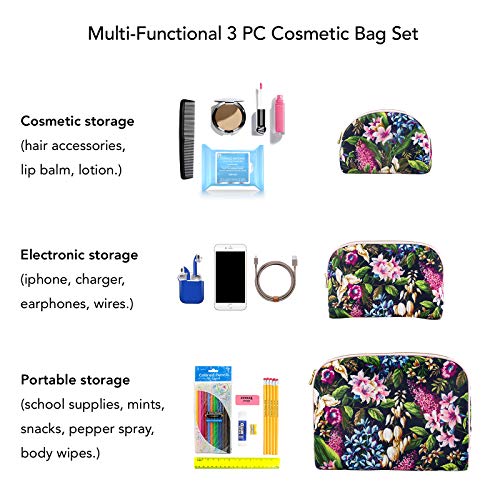 Once Upon A Rose 3 Pc Cosmetic Bag Set, Purse Size Makeup Bag for Women, Toiletry Travel Bag, Makeup Organizer, Cosmetic Bag for Girls Zippered Pouch Set, Large, Medium, Small (Forest Floral)