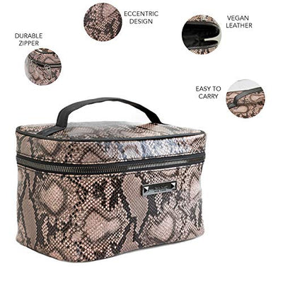 Nicole Miller Makeup Bag, Travel Toiletry Bag, and Cosmetic Bag- Pink Faux Leather Snakeskin Print (Large Train Bag)