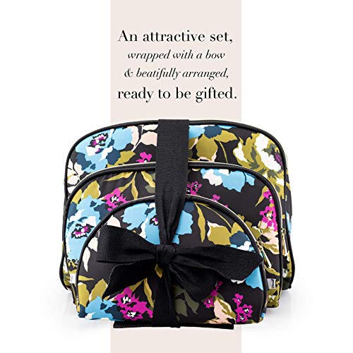 Once Upon A Rose 3 Pc Cosmetic Bag Set, Purse Size Makeup Bag for Women, Toiletry Travel Bag, Makeup Organizer, Cosmetic Bag for Girls Zippered Pouch Set, Large, Medium, Small (Blue Floral Design)