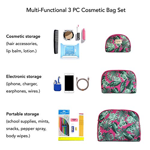 Nicole Miller 3 Pc Cosmetic Bag Set, Purse Size Makeup Bag for Women, Toiletry Travel Bag, Makeup Organizer, Cosmetic Bag for Girls Zippered Pouch Set, Large, Med, Small (Hot Pink & Green Leaf Print)