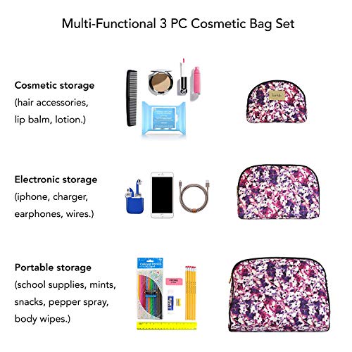 Nicole Miller 3 Pc Cosmetic Bag Set, Purse Size Makeup Bag for Women, Toiletry Travel Bag, Makeup Organizer, Cosmetic Bag for Girls Zippered Pouch Set, Large, Medium, Small (Colorful Floral Print)