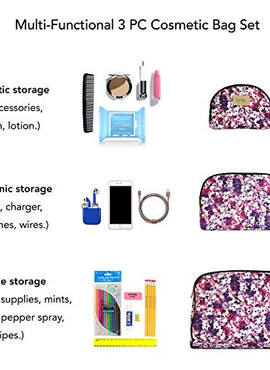 Nicole Miller 3 Pc Cosmetic Bag Set, Purse Size Makeup Bag for Women, Toiletry Travel Bag, Makeup Organizer, Cosmetic Bag for Girls Zippered Pouch Set, Large, Medium, Small (Colorful Floral Print)
