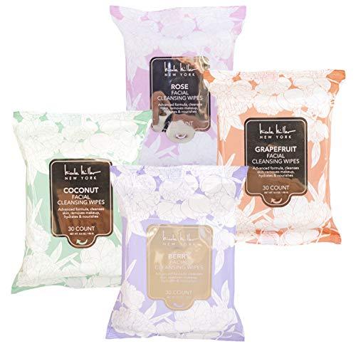 Nicole Miller 4 Pack Facial Wipes (30 Count Each) , 120 Facial Cleansing Cloths, Removes Makeup, Mascara, Dirt and Oil