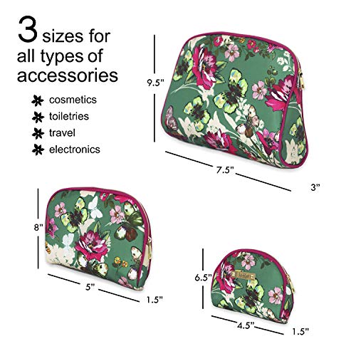 Nicole Miller 3 Pc Cosmetic Bag Set, Purse Size Makeup Bag for Women, Toiletry Travel Bag, Makeup Organizer, Zippered Pouch Set, Large, Medium, Small (Hot Pink & Green Floral Print)