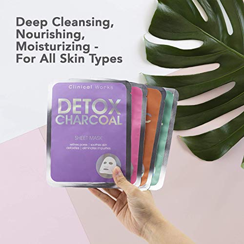 Clinical Works 4 Pack Face Mask Variety Pack, Face Sheet Masks Set Detox Charcoal, Retinol, Tea Tree & Vitamin C Face Mask Kit and Gift Set for Brightening and Exfoliating Skin, Facial Masks for Women