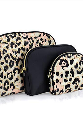Once Upon A Rose 3 Pc Cosmetic Bag Set, Purse Size Makeup Bag for Women, Toiletry Travel Bag, Makeup Organizer, Cosmetic Bag for Girls Zippered Pouch Set, Large, Medium, Small (Black & Leopard)