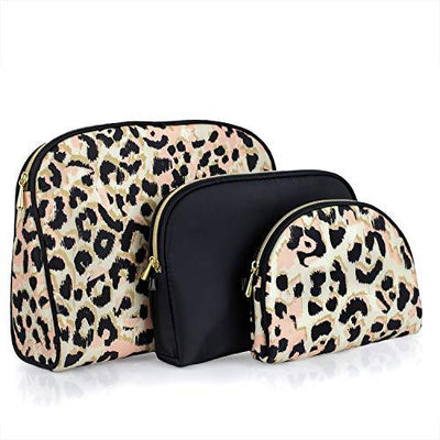Once Upon A Rose 3 Pc Cosmetic Bag Set, Purse Size Makeup Bag for Women, Toiletry Travel Bag, Makeup Organizer, Cosmetic Bag for Girls Zippered Pouch Set, Large, Medium, Small (Black & Leopard)