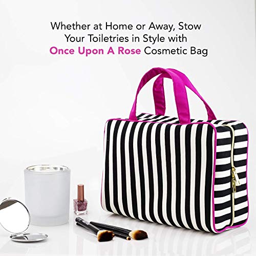 Once Upon A Rose Makeup Bag for Women and Girls, Large Cosmetic Bag with Zippered, Transparent Pockets and Handles, Foldable Makeup Bag for Home and Travel - Black & White Stripes