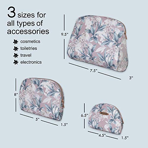 Ellen Tracy 3 Pc Cosmetic Bag Set, Purse Size Makeup Bag for Women, Toiletry Travel Bag, Makeup Organizer, Zippered Pouch Set, Large, Medium, Small (Pale Pink & Green Flower Print)