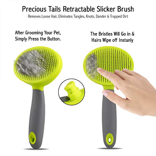 Precious Tails Retractable Slicker Brush for Cats and Dogs, Pet Hair Brush, Grooming Brush with Soft Grip Handle (Green and Gray)