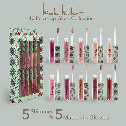 Nicole Miller 10 Pc Lip Gloss Collection, Shimmery Lip Glosses for Women and Girls, Long Lasting Color Lip Gloss Set with Rich Varied Colors
