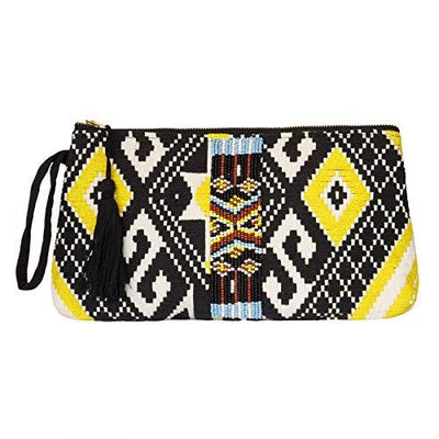 DwellStudio Vegan Clutch for Women -Boho Style Clutch, Wristlet, Purse, WomanÕs Hand Bag, Wallet, Beautiful Gift for Women (Black, White,& Yellow with Beads)