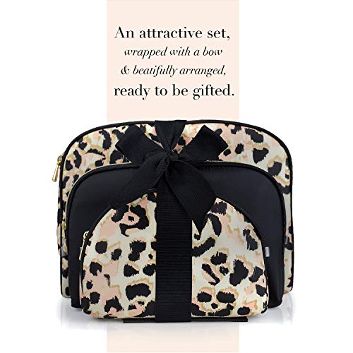 Once Upon A Rose 3 Pc Cosmetic Bag Set, Purse Size Makeup Bag for Women, Toiletry Travel Bag, Makeup Organizer, Cosmetic Bag for Girls Zippered Pouch Set, Large, Medium, Small (Black & Leopard)