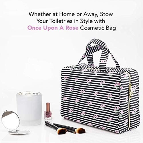 Once Upon A Rose Makeup Bag for Women and Girls, Large Cosmetic Bag with Zippered, Transparent Pockets and Handles, Foldable Makeup Bag for Home and Travel - Roses & Stripes Print