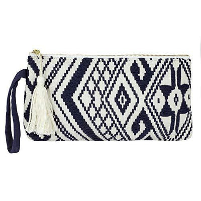 DwellStudio Vegan Clutch for Women -Boho Style Clutch, Wristlet, Purse, Woman's Hand Bag, Wallet, Beautiful Gift for Women (Navy and White)