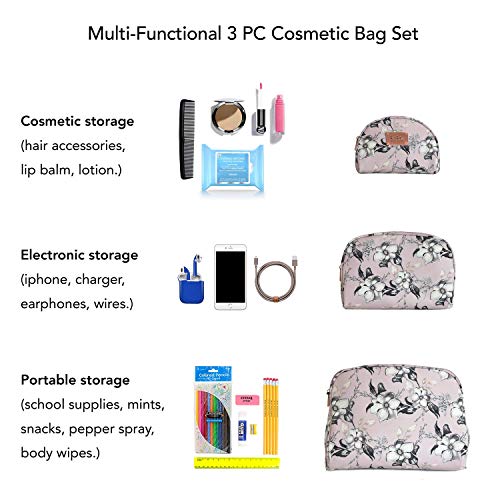 Nicole Miller 3 Pc Cosmetic Bag Set, Purse Size Makeup Bag for Women, Toiletry Travel Bag, Makeup Organizer, Cosmetic Bag for Girls Zippered Pouch Set, Large, Medium, Small (Pale Pink Floral)