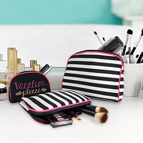 Once Upon A Rose 3 Pc Cosmetic Bag Set, Purse Size Makeup Bag for Women, Toiletry Travel Bag, Makeup Organizer, Cosmetic Bag for Girls Zippered Pouch Set, Large, Medium, Small (Vacation Please)